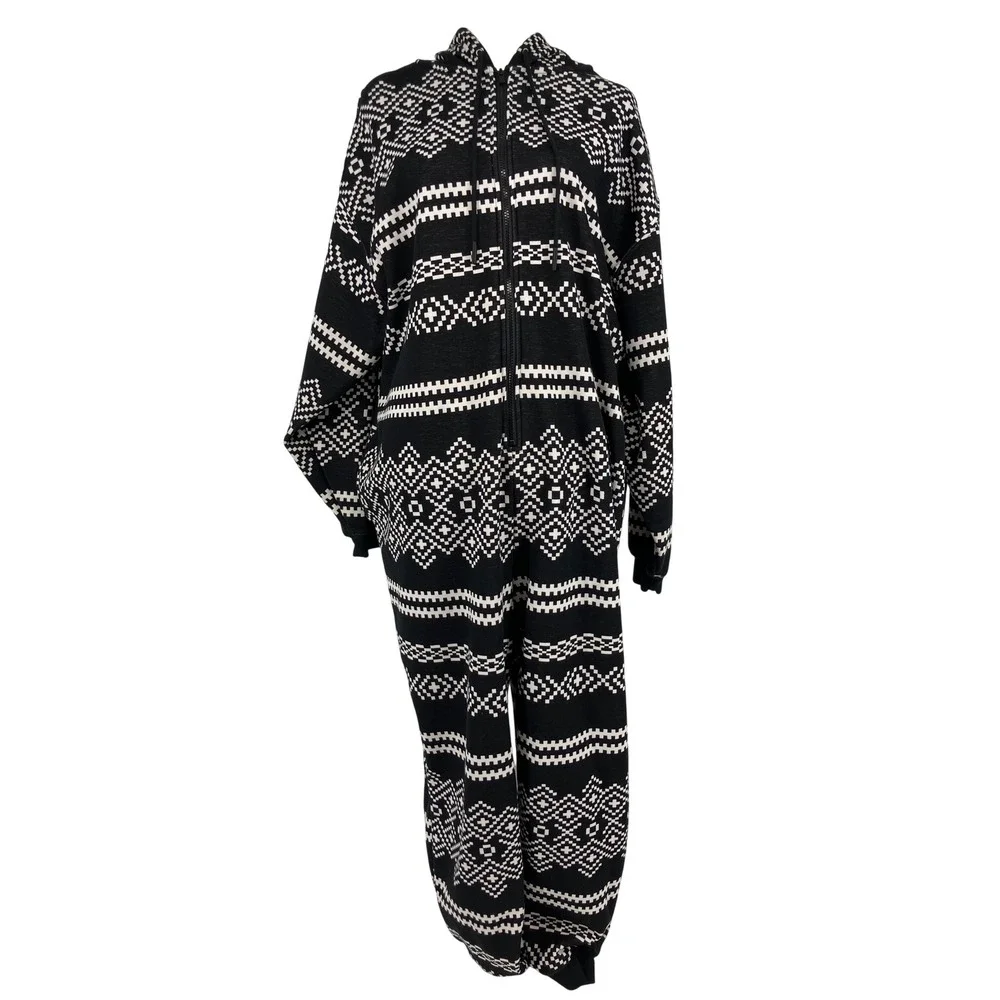 Fabletics Hooded Jumpsuit Women XL Black White Fair Isle Excellent Zip Front